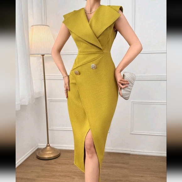 Solid Button Detail Wrap Hem Dress Long Evening Dresses - Picture 1 of 6